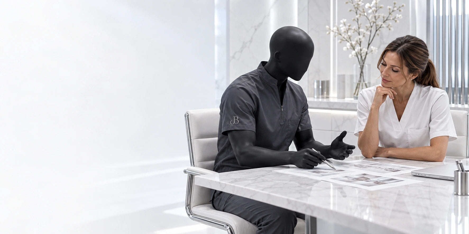 Escena conceptual del avatar JB trabajando un plan de cl&iacute;nica con una m&eacute;dica