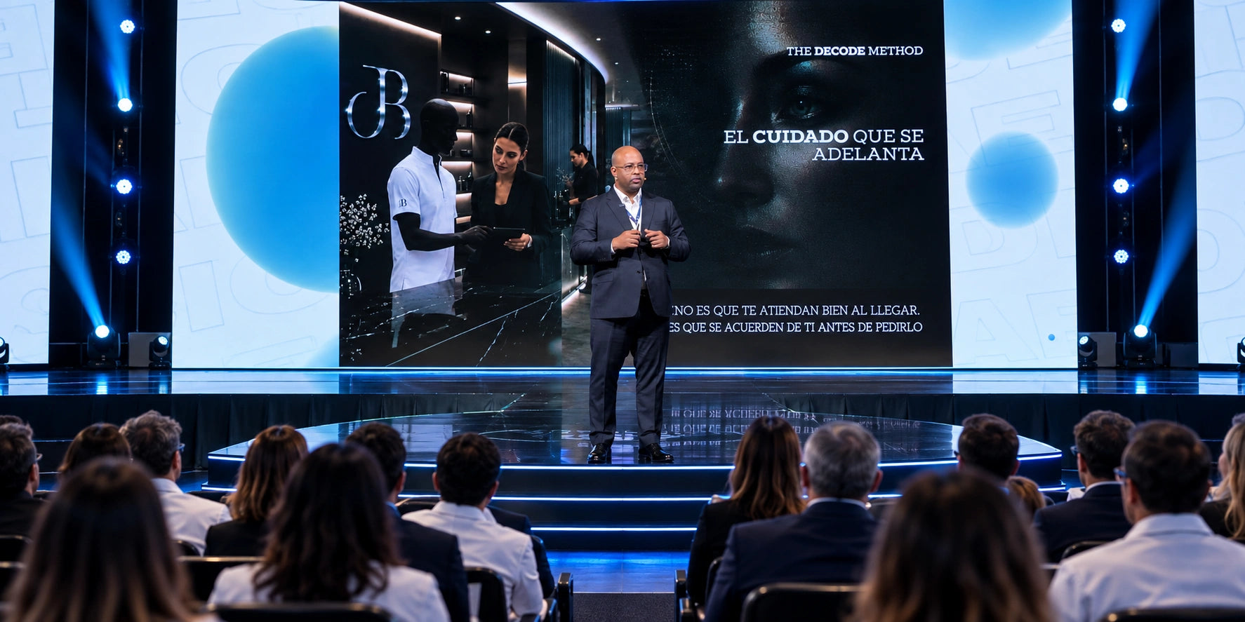 Composici&oacute;n editorial de Jorge Blaisdell presentando The Decode Method, con p&uacute;blico a&ntilde;adido